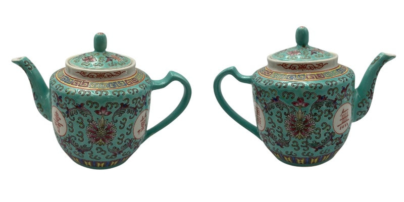 中国 景徳鎮 萬壽無疆 茶器セット 中国茶器 カップ ポット 茶盤 ターコイズ おしゃれ インテリア 中古 W４