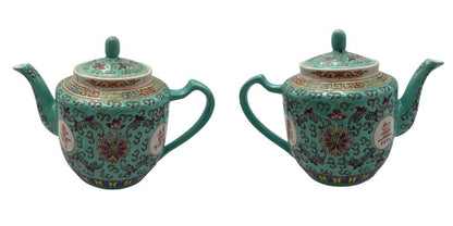 中国 景徳鎮 萬壽無疆 茶器セット 中国茶器 カップ ポット 茶盤 ターコイズ おしゃれ インテリア 中古 W４