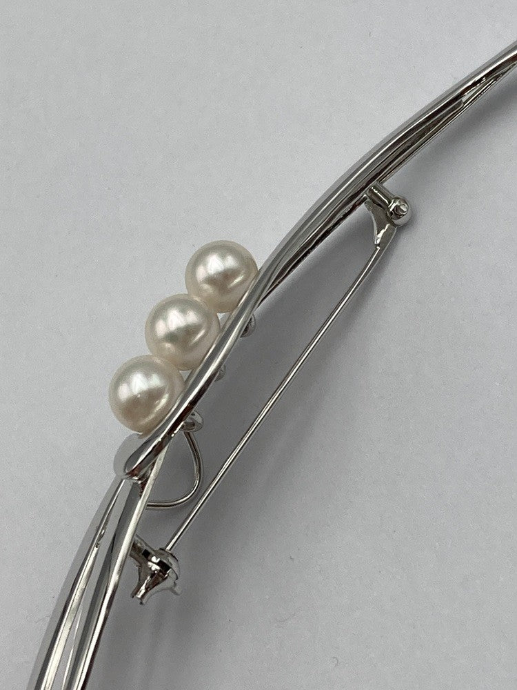 SILVER 6.0mmパール 3連 ブローチ リーフ 中古 D4
