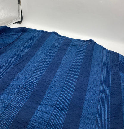 久留米織 しじら 藍紬 半袖ブラウス 1076-2 サイズL レディース 中古 D4