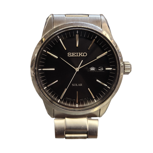 SEIKO セイコー 腕時計 メンズ ソーラー クォーツ デイデイト 日付 曜日 シルバー/ブラック V158-0AM0 中古 T1