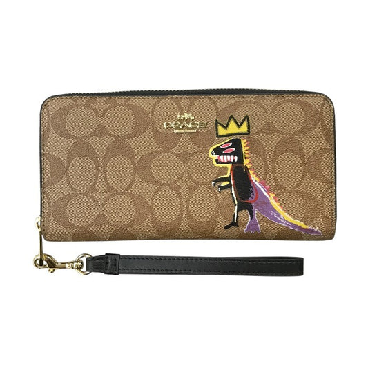 COACH コーチ 長財布 ユニセックス PVCシグネチャー バスキア コラボ 恐竜 ラウンドジップ ファスナー ブラウン F2181 C5615 中古 T1