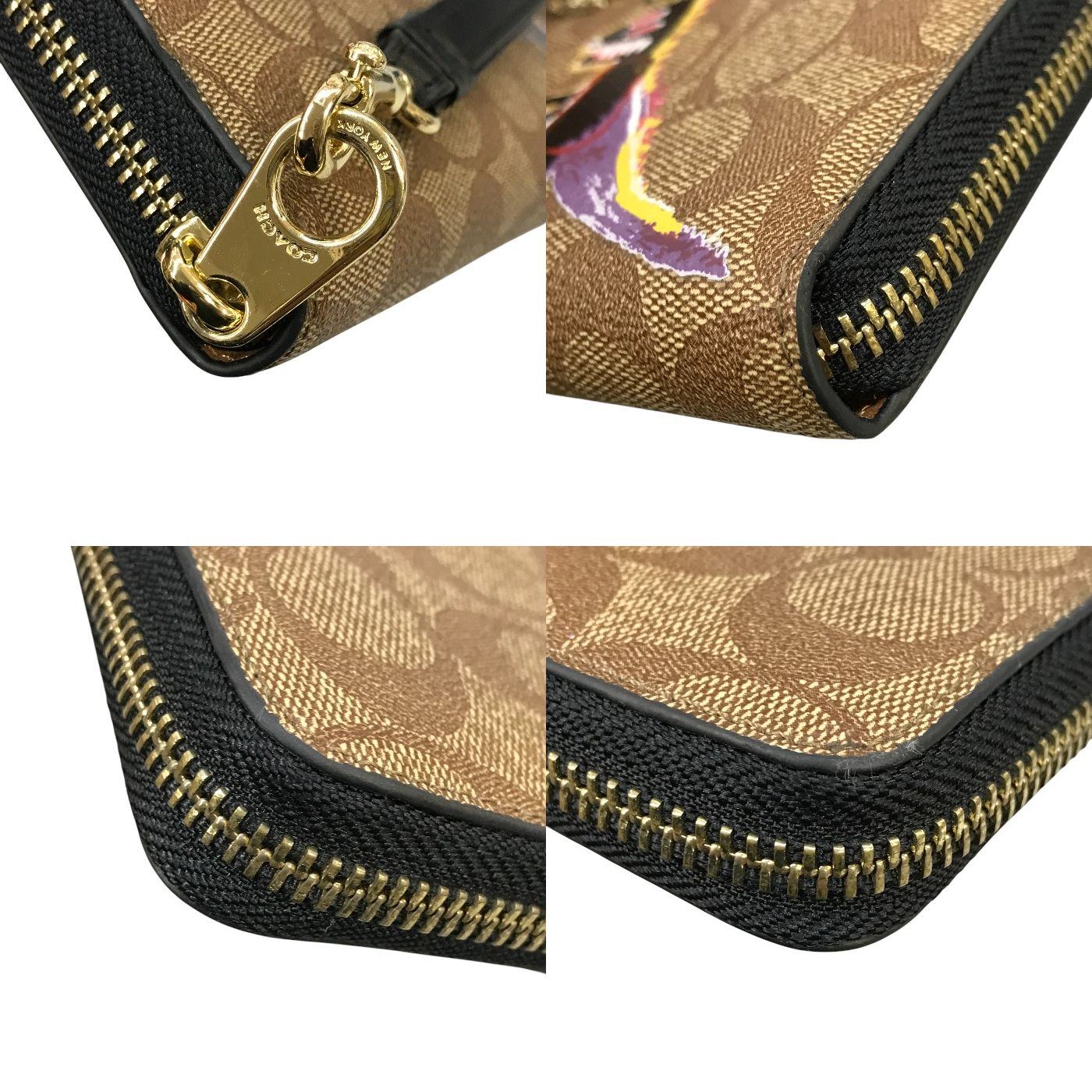 COACH コーチ 長財布 ユニセックス PVCシグネチャー バスキア コラボ 恐竜 ラウンドジップ ファスナー ブラウン F2181 C5615 中古 T1