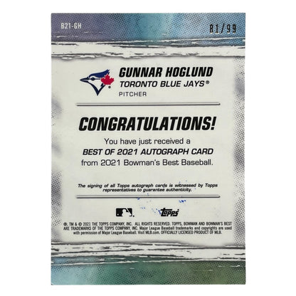 TOPPS MLBカード BOWMAN'S BEST GUNNAR HOGLUND TORONTO BLUE JAYS /99 #B21-GH 中古 IT2