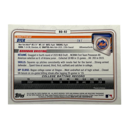TOPPS MLBカード BOWMAN CHROME 1ST MATTHEW DYER NEW YORK METS #BD-92 中古 IT2