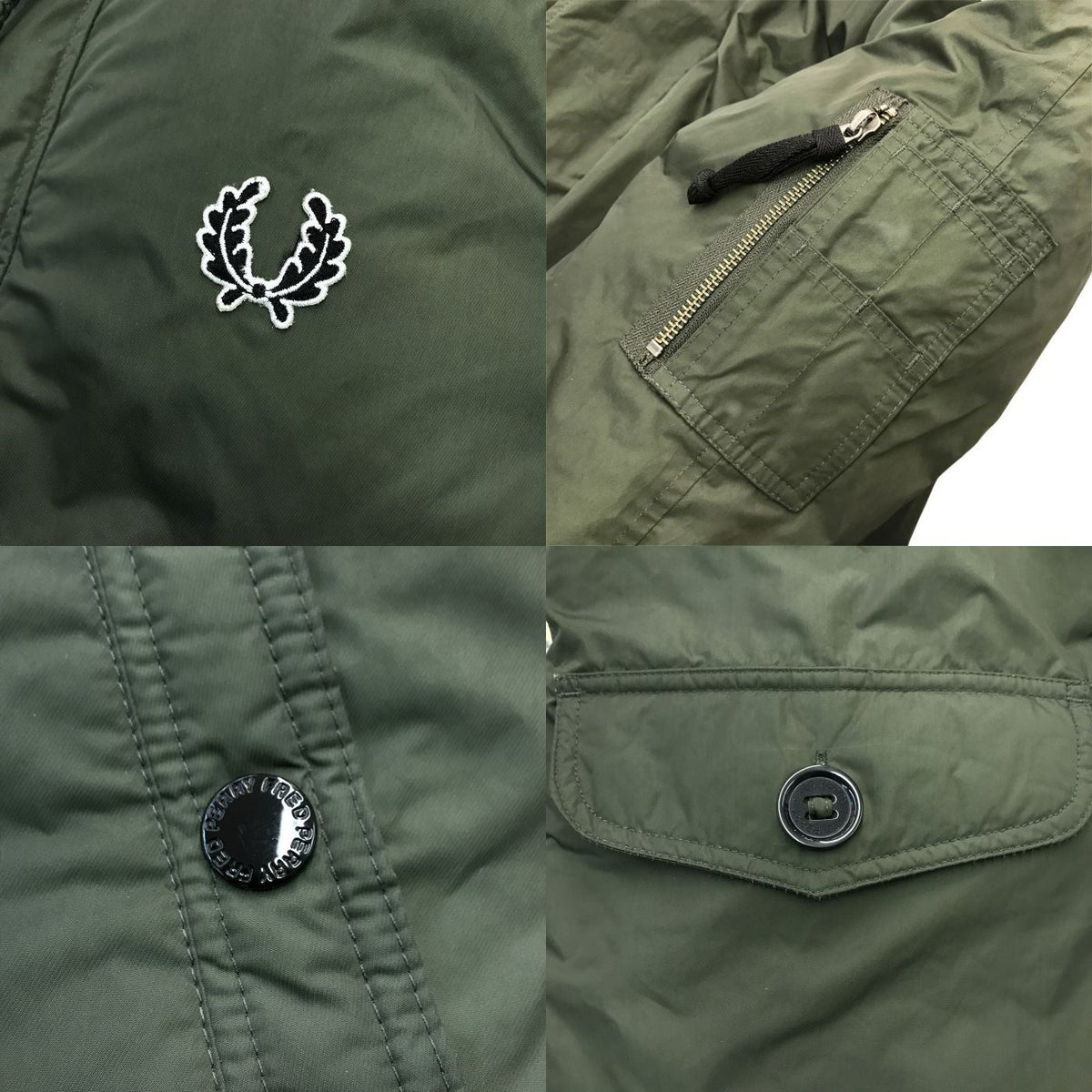 FRED PERRY フレッドペリー ダウンジャケット メンズ ミリタリー コート N-3B フード ファー Mサイズ カーキグリーン J4237 中古 T1