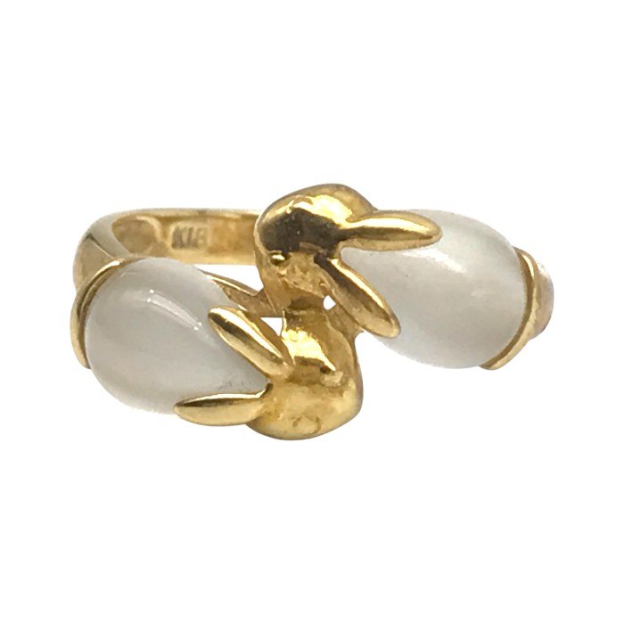 K18 リング レディース ウサギモチーフ 乳白色石 イエローゴールド 12号 中古 T1