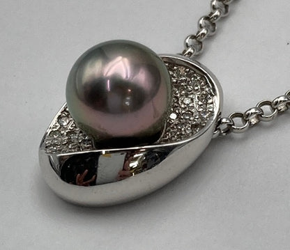 K18WG/Pt850 パール(南洋黒真珠)10mm ダイヤ0.23ct ネックレス 中古 D4