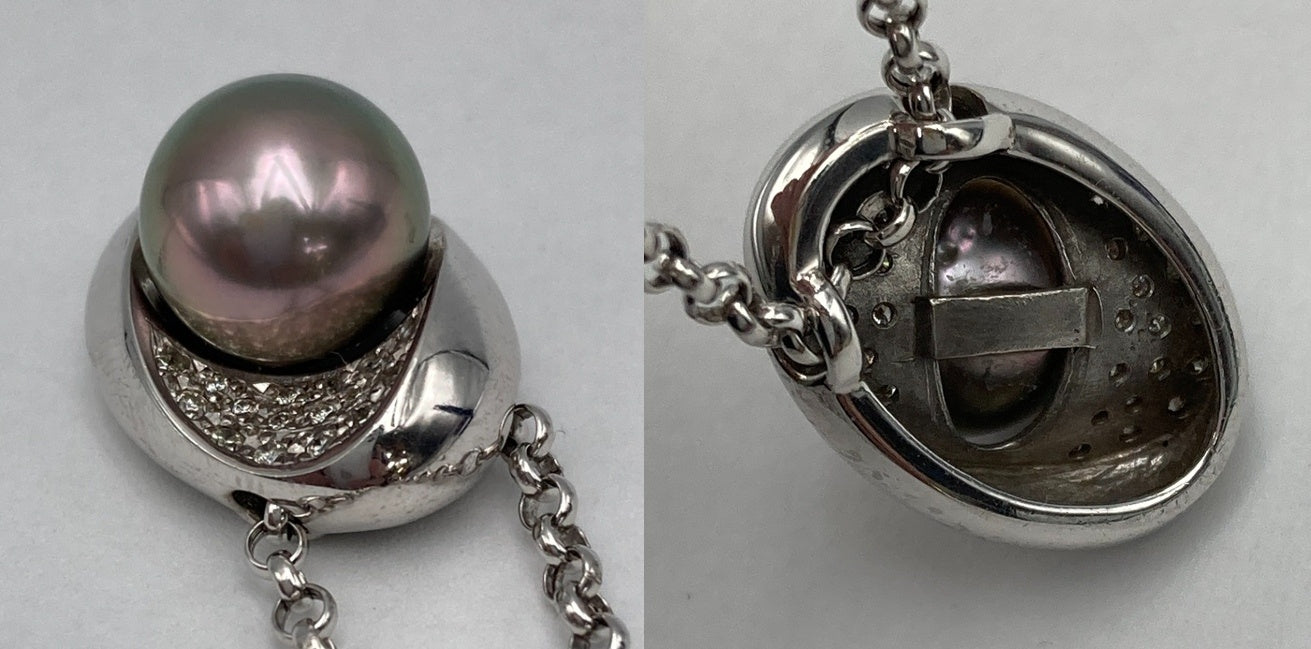 K18WG/Pt850 パール(南洋黒真珠)10mm ダイヤ0.23ct ネックレス 中古 D4