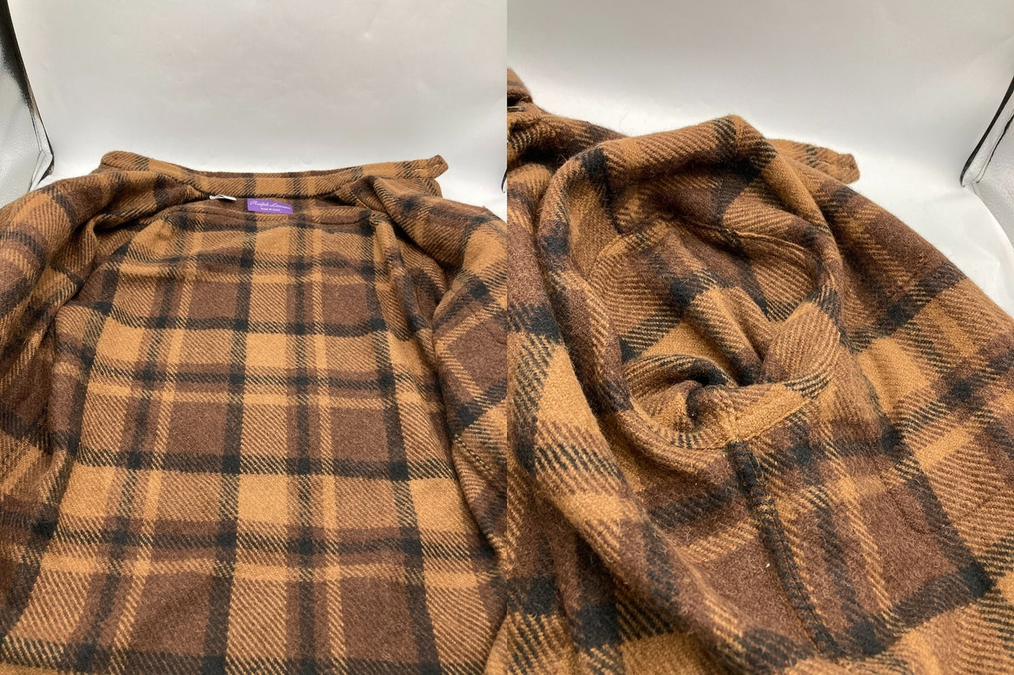 RALPH LAUREN ラルフローレン パープルレーベル キャメルヘア チェックシャツ サイズXS メンズ 中古 D4