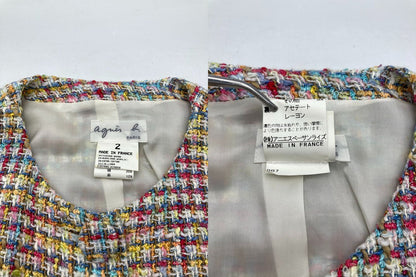 agnes b アニエスべー ノーカラー ツイードジャケット サイズ2 フランス製 中古 D4