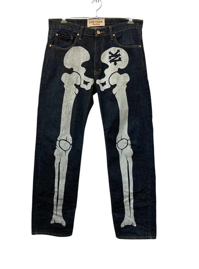 ZOO YORK ズーヨーク ボーンプリント デニムパンツ 34インチ メンズ 中古 D4