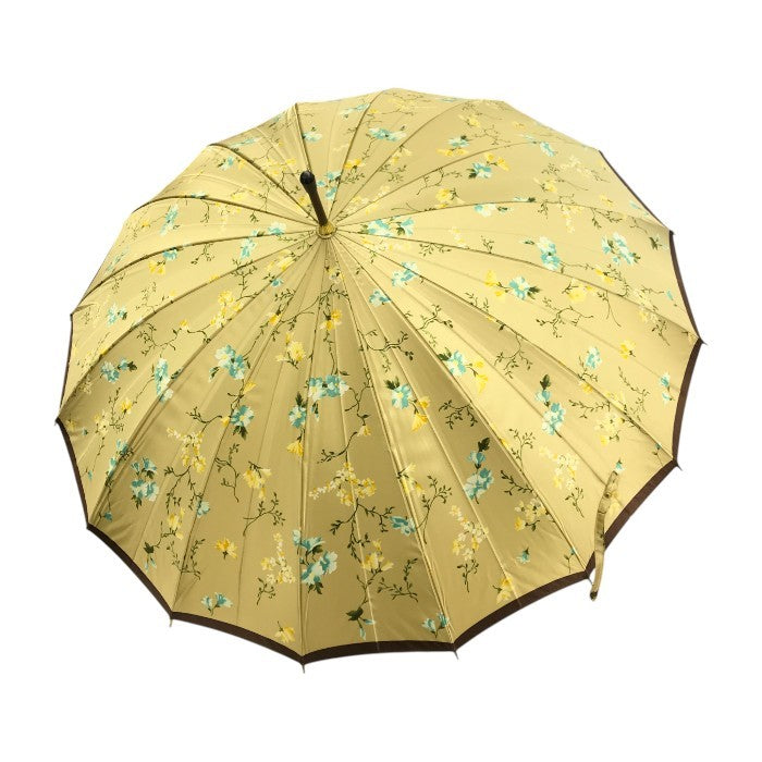 雨傘 レディース 手開き式 長傘 花柄 16本骨 レザーハンドル ベージュ/ブラウン 中古 T1