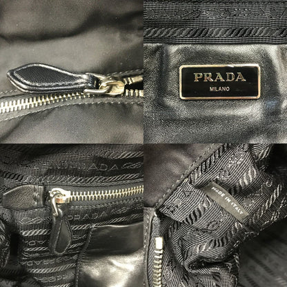 PRADA プラダ トートバッグ レディース リボン ロゴ ナイロン レザーハンドル 三角プレート A4収納可 ブラック 中古 T1