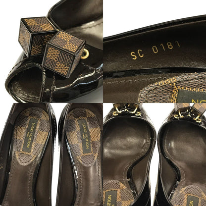 LOUIS VUITTON ルイヴィトン ダミエ オープントゥパンプス レディース パテントレザー エナメル キューブ ハイヒール ブラック/ブラウン 36サイズ 中古 T1