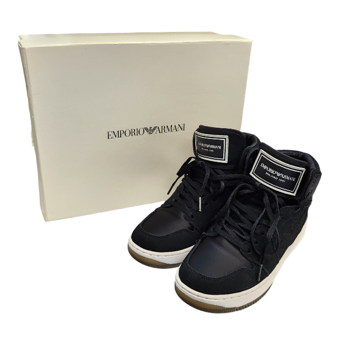 EMPORIO ARMANI スニーカー レディース ハイカット ロゴ スウェード レザー サテン ブラック 約22.5cm X3Z033 XM080 中古 T1