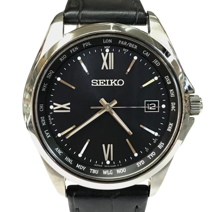 SEIKO セイコーセレクション 腕時計 メンズ アナログ ソーラー 電波 デイト チタン クロコ型押しレザーバンド シルバー/ブラック SBTM297 中古 T1