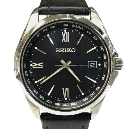 SEIKO セイコーセレクション 腕時計 メンズ アナログ ソーラー 電波 デイト チタン クロコ型押しレザーバンド シルバー/ブラック SBTM297 中古 T1