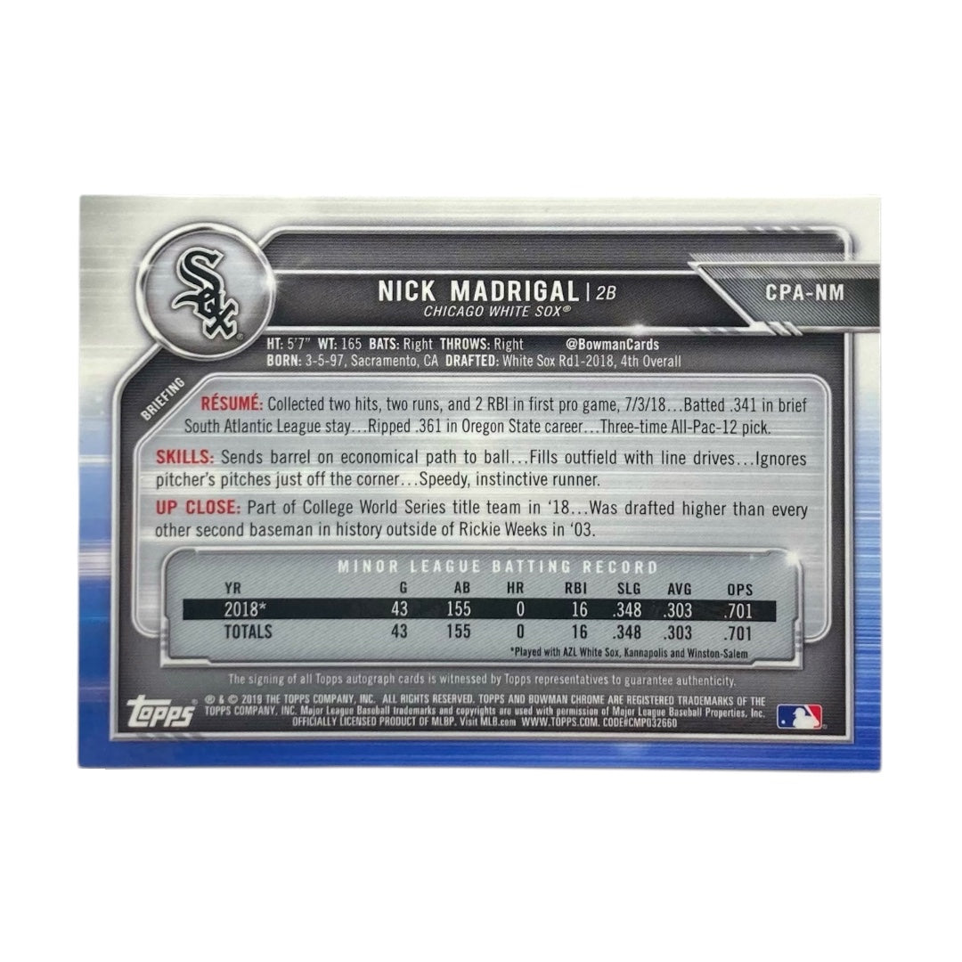 TOPPS MLBカード BOWMAN CHROME NICK MADRIGAL CHICAGO WHITE SOX #CPA-NM 中古 IT2