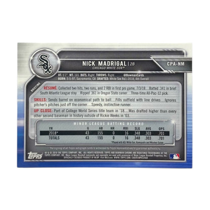 TOPPS MLBカード BOWMAN CHROME NICK MADRIGAL CHICAGO WHITE SOX #CPA-NM 中古 IT2