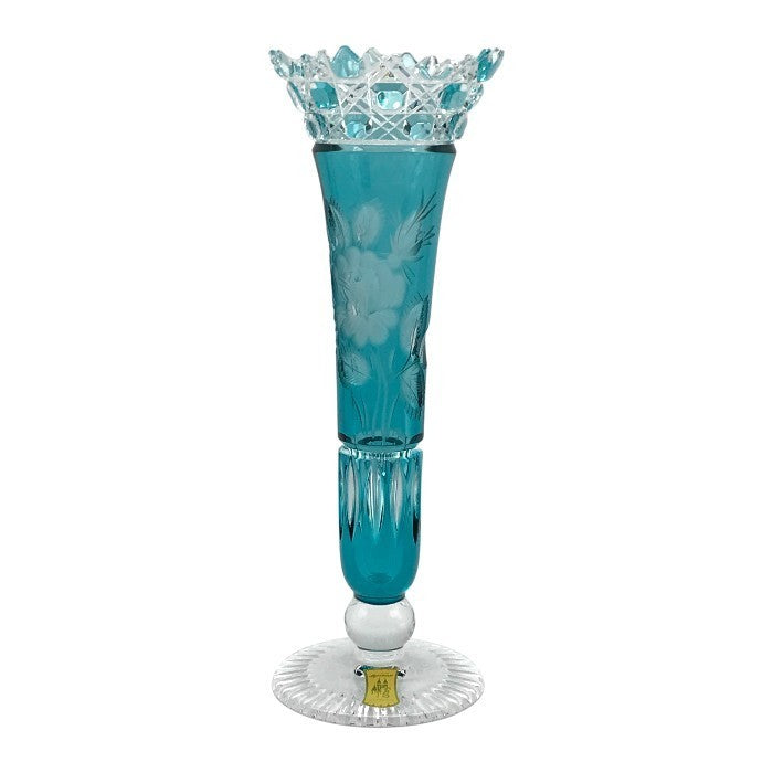 Meissener Bleikristall マイセン クリスタル 一輪挿し フラワーベース 花瓶 ハンドカット 花柄 ターコイズ 中古 T1