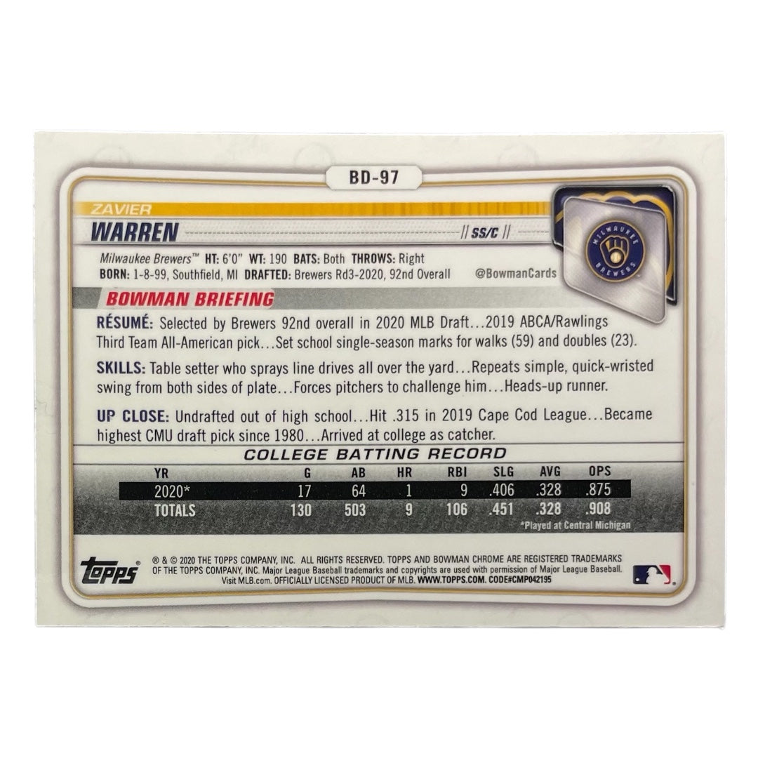 TOPPS MLBカード BOWMAN CHROME 1ST ZAVIER WARREN MILWAUKEE BREWERS #BD-97 中古 IT2