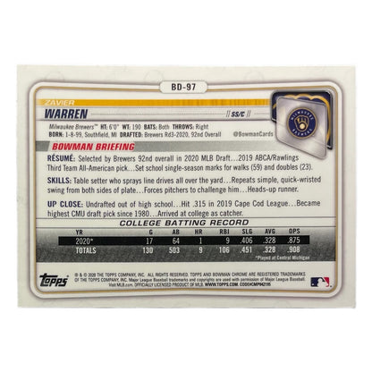 TOPPS MLBカード BOWMAN CHROME 1ST ZAVIER WARREN MILWAUKEE BREWERS #BD-97 中古 IT2