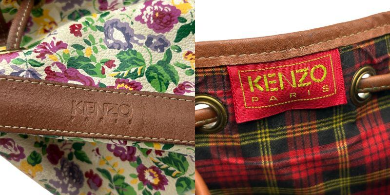 KENZO 花柄 巾着 ショルダーバッグ オフホワイト ケンゾー フラワー 鞄 肩掛け レディース かわいい 中古 W４