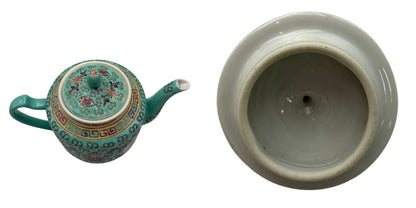中国 景徳鎮 萬壽無疆 茶器セット 中国茶器 カップ ポット 茶盤 ターコイズ おしゃれ インテリア 中古 W４