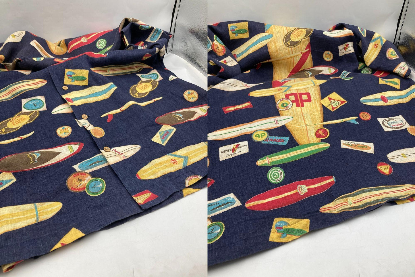 PAPAS ISLAND パパス 麻100% 半袖シャツ サーフ柄 中古 D4