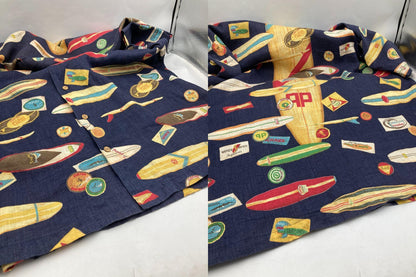 PAPAS ISLAND パパス 麻100% 半袖シャツ サーフ柄 中古 D4