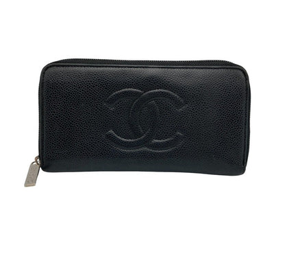 CHANEL シャネル キャビアスキン ラウンドファスナー長財布 ブラック 中古 D4