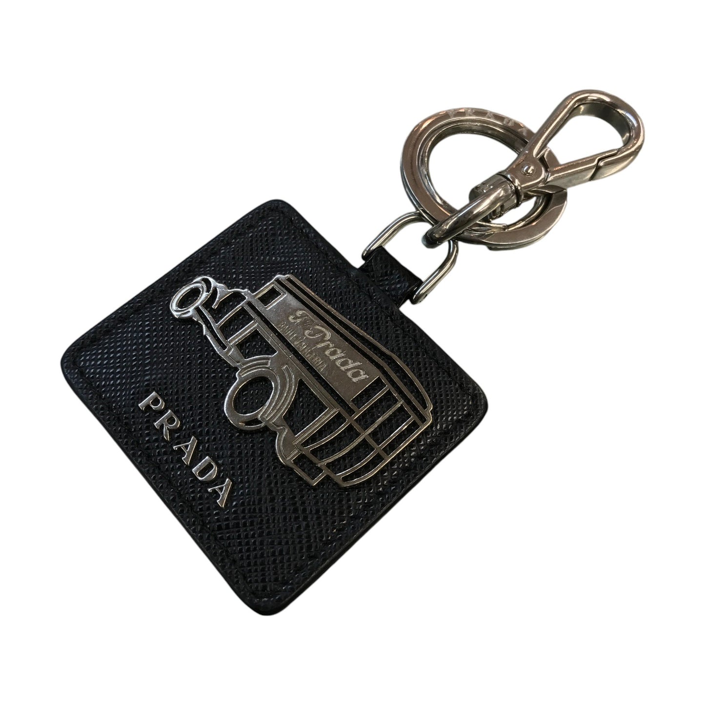 PRADA プラダ キーホルダー レザープレート キーリング チャーム 車 シルバー/ブラック 中古 T1
