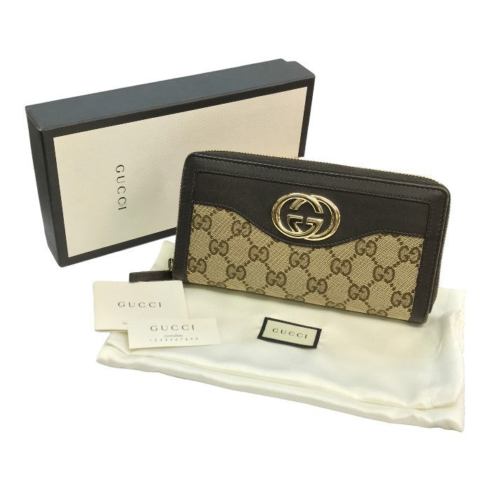 GUCCI グッチ GGキャンバス SUKEY 長財布 ユニセックス ラウンドファスナー ジップ スーキー インターロッキング ブラウン 308012 中古 T1