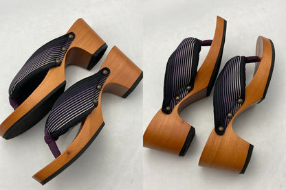 mizutori みずとりの下駄 hitete 6.5 紫流 黒・紫（小倉 縞縞) サイズL レディース 中古 D4