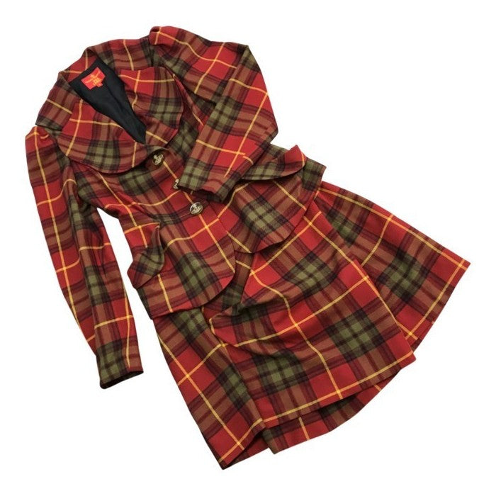 Vivienne Westwood RED LABEL ヴィヴィアンウエストウッド レッドレーベル ジャケット/ミニスカート 上下2点セット レディース ウール セットアップ チェック ラブ 変形 レッド 3サイズ 中古 T1
