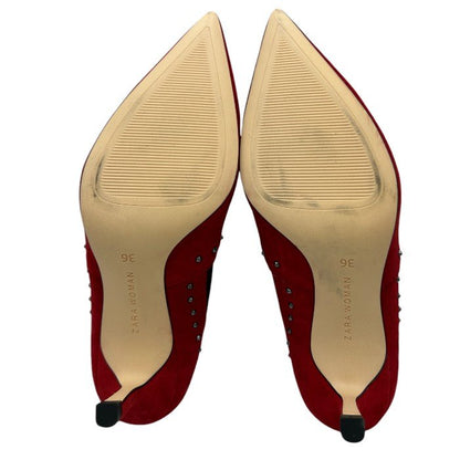 ZARA WOMAN ザラ ウーマン スタッズ スエード ショート ブーツ レッド 36 (約23.5cm) サイドゴア 靴 シューズ 秋 冬 レディース 中古 W４