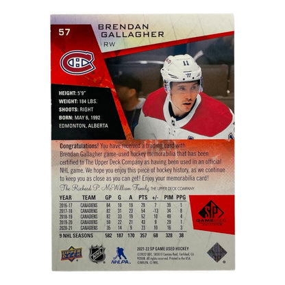 UPPER DECK NHLカード SP GAME USED BRENDAN GALLAGHER MONTREAL CANADIENS #57 中古 IT2