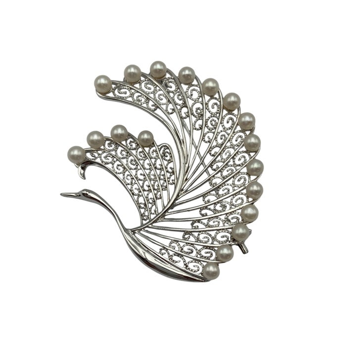 SILVER 3.0mm ベビーパール 18粒 ブローチ 鶴 白鳥 中古 D4