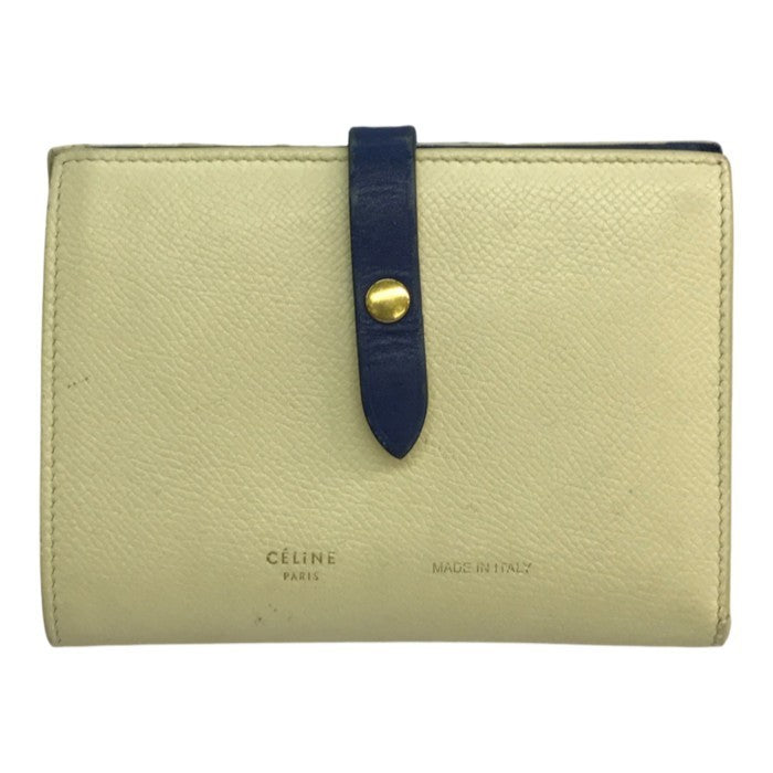 CELINE セリーヌ ミディアム ストラップ マルチファンクション ウォレット レディース 二つ折り財布 レザー バイカラー アイボリー/ブルー 中古 T1