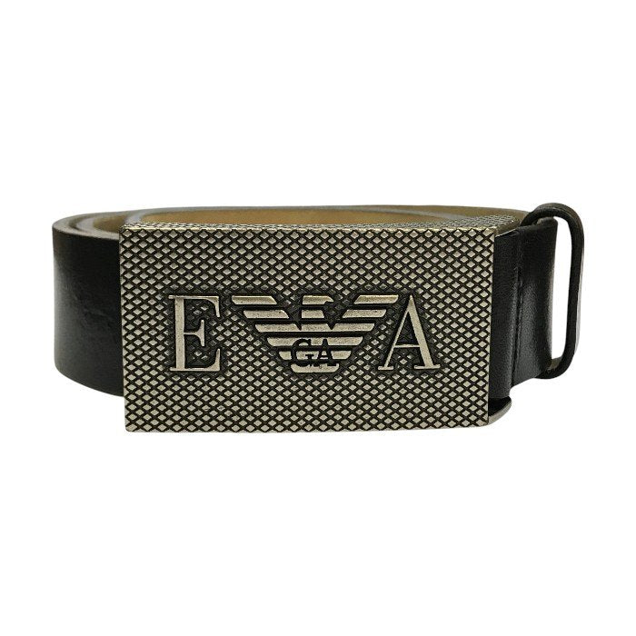 EMPORIO ARMANI エンポリオアルマーニ ベルト メンズ レザー ロゴ トップ式 プレートバックル シルバー/ブラック 46サイズ 中古 T1
