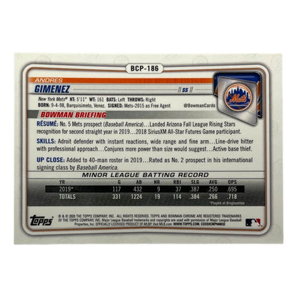 TOPPS MLBカード BOWMAN CHROME ANDRES GIMENEZ NEW YORK METS /150 #BCP-186 中古 IT2