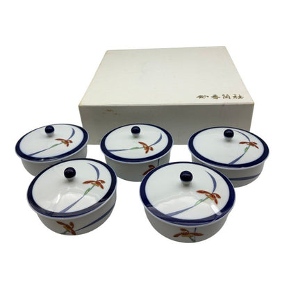 香蘭社 オーキッドレース 蓋付き湯吞揃い 5客 食器 和食器 湯呑 中古 W1