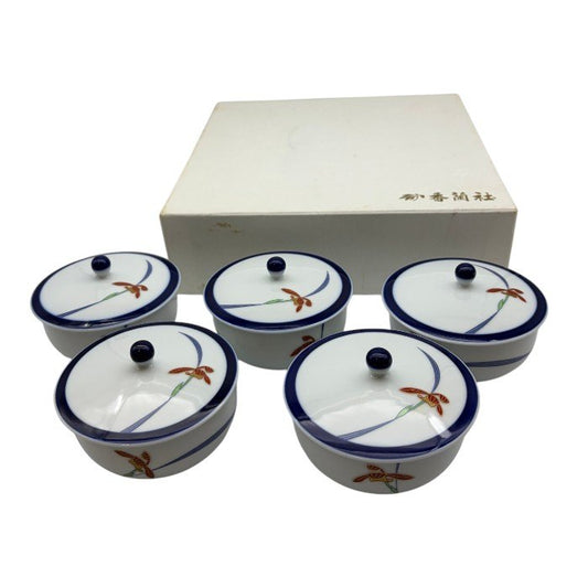 香蘭社 オーキッドレース 蓋付き湯吞揃い 5客 食器 和食器 湯呑 中古 W1