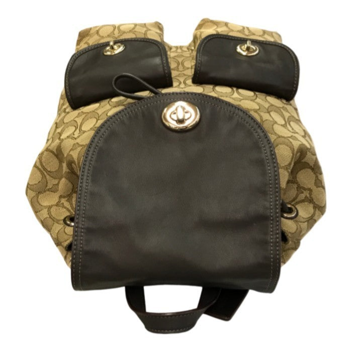 COACH コーチ シグネチャー リュック レディース バックパック デイパック 巾着 ターンロック ベージュ/ブラウン 中古 T1