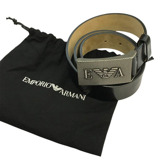 EMPORIO ARMANI エンポリオアルマーニ ベルト メンズ レザー ロゴ トップ式 プレートバックル シルバー/ブラック 46サイズ 中古 T1