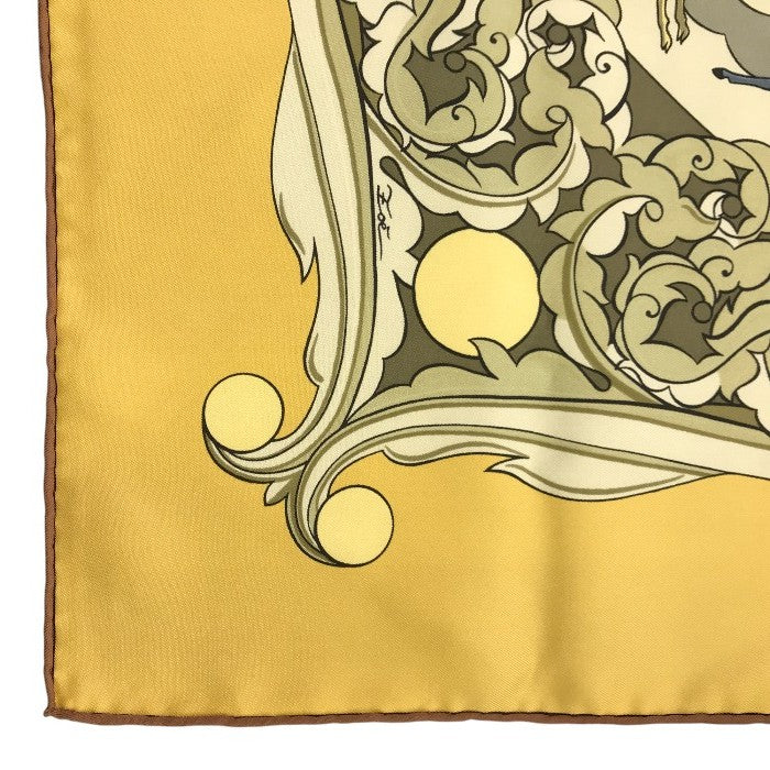 HERMES エルメス カレ90 ANIMAUX SOLAIRES 太陽の動物たち スカーフ レディース シルク 馬 ライオン 鷹 鹿 イエロー/ブルー/ブラウン 中古 T1