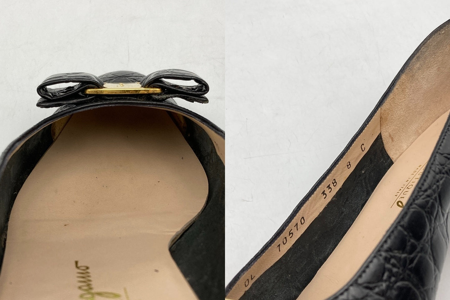 Salvatore Ferragamo サルヴァトーレフェラガモ ヴァラリボン 型押しレザー パンプス サイズ8(約25.5cm) 中古 D4