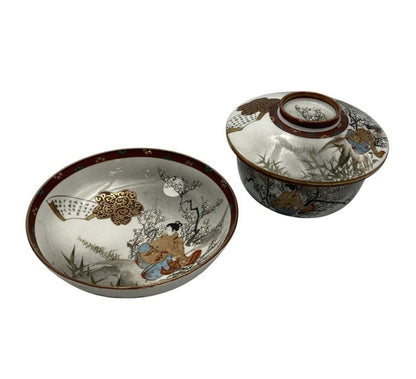 アンティーク 明治時代 九谷焼 蓋付茶碗 深皿 セット 中古 D4