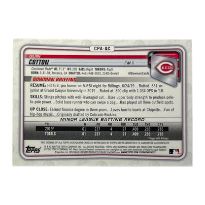 TOPPS MLBカード BOWMAN CHROME 1ST QUIN COTTON CINCINNATI REDS #CPA-QC 中古 IT2
